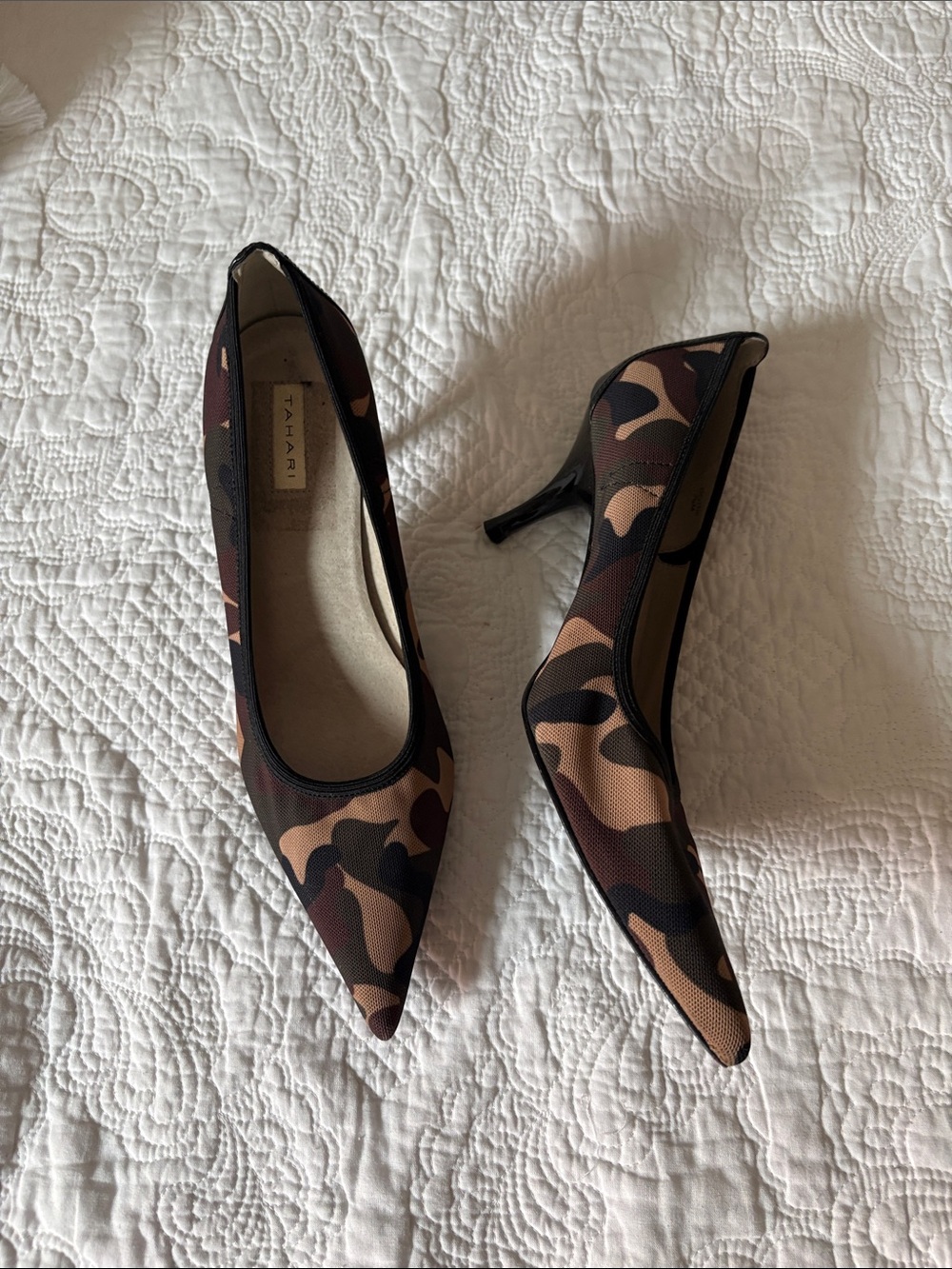 Tahari Camouflage Pointed Toe Pumps in Brown and Black
